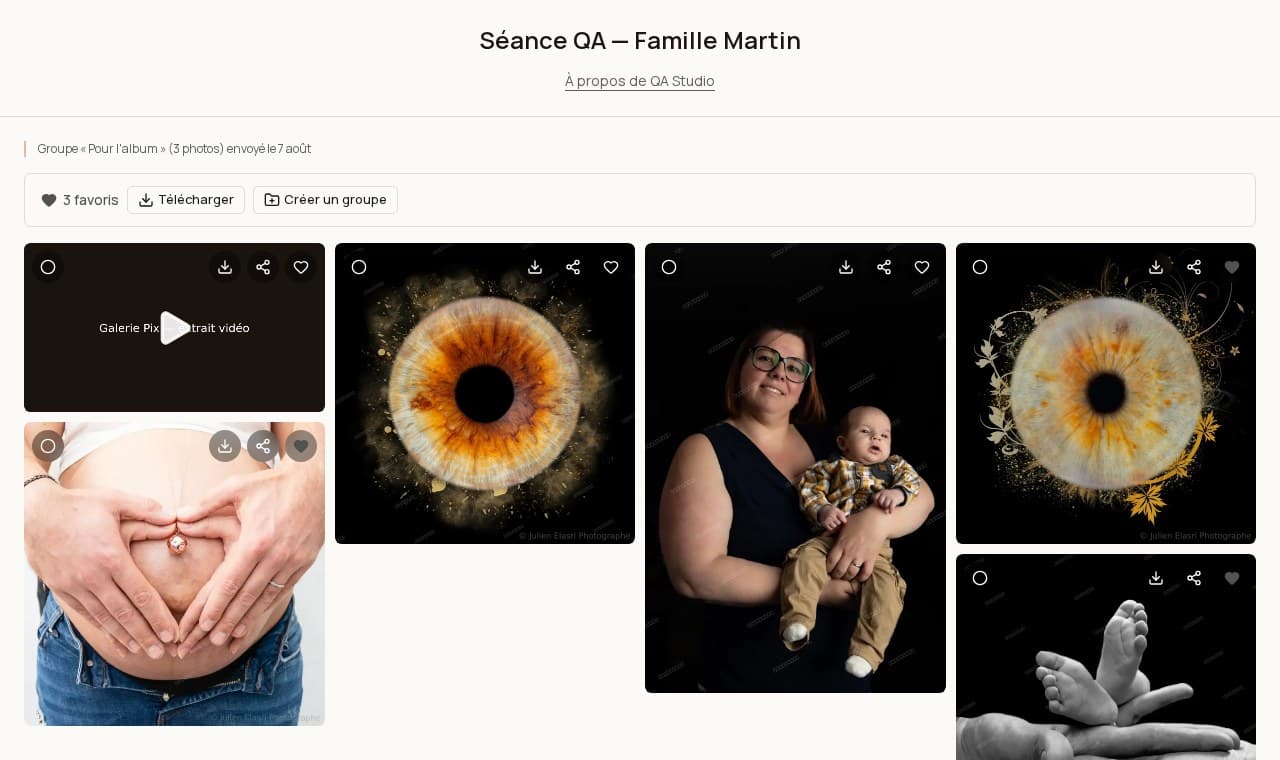 Grille de galerie cliente avec photos, filigrane et une vidéo intégrée